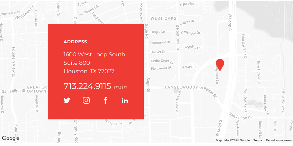DPWPR office map with red location pin. Address: 1600 West Loop South, Suite 800, Houston, TX 77027. Phone: 713.224.9115.