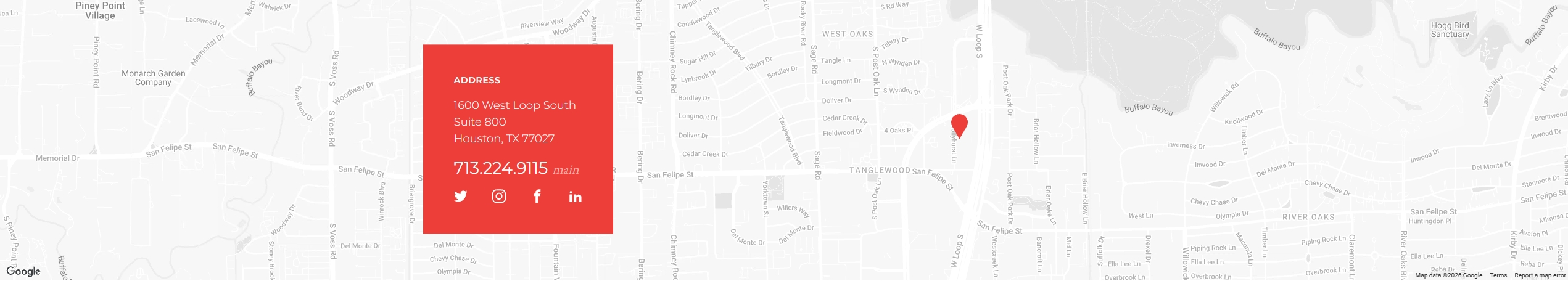 DPWPR office map with red location pin. Address: 1600 West Loop South, Suite 800, Houston, TX 77027. Phone: 713.224.9115.